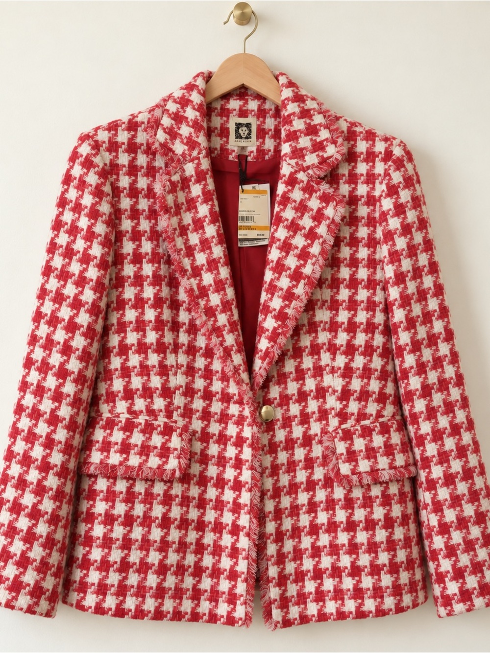 Anne Klein Red and White Houndstooth Tweed Blazer